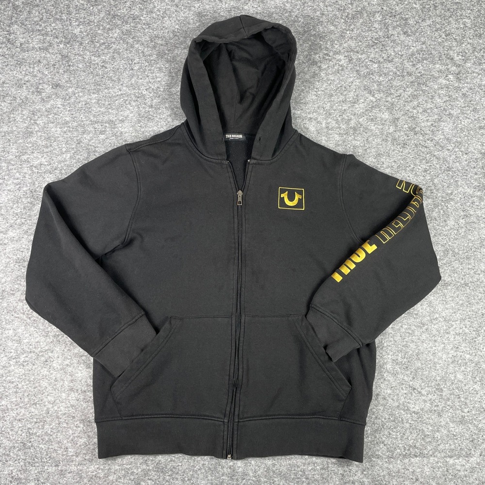 True Religion Zip Hoodie Mens S Black True Block Gold Horseshoe Sleeve Print